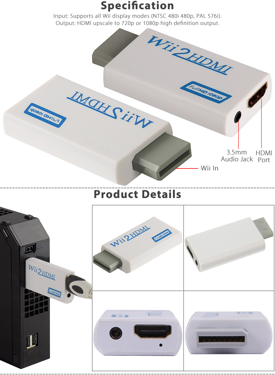 Wii to HDMI 720P/1080P Converter Adapter HD Video Audio Output for