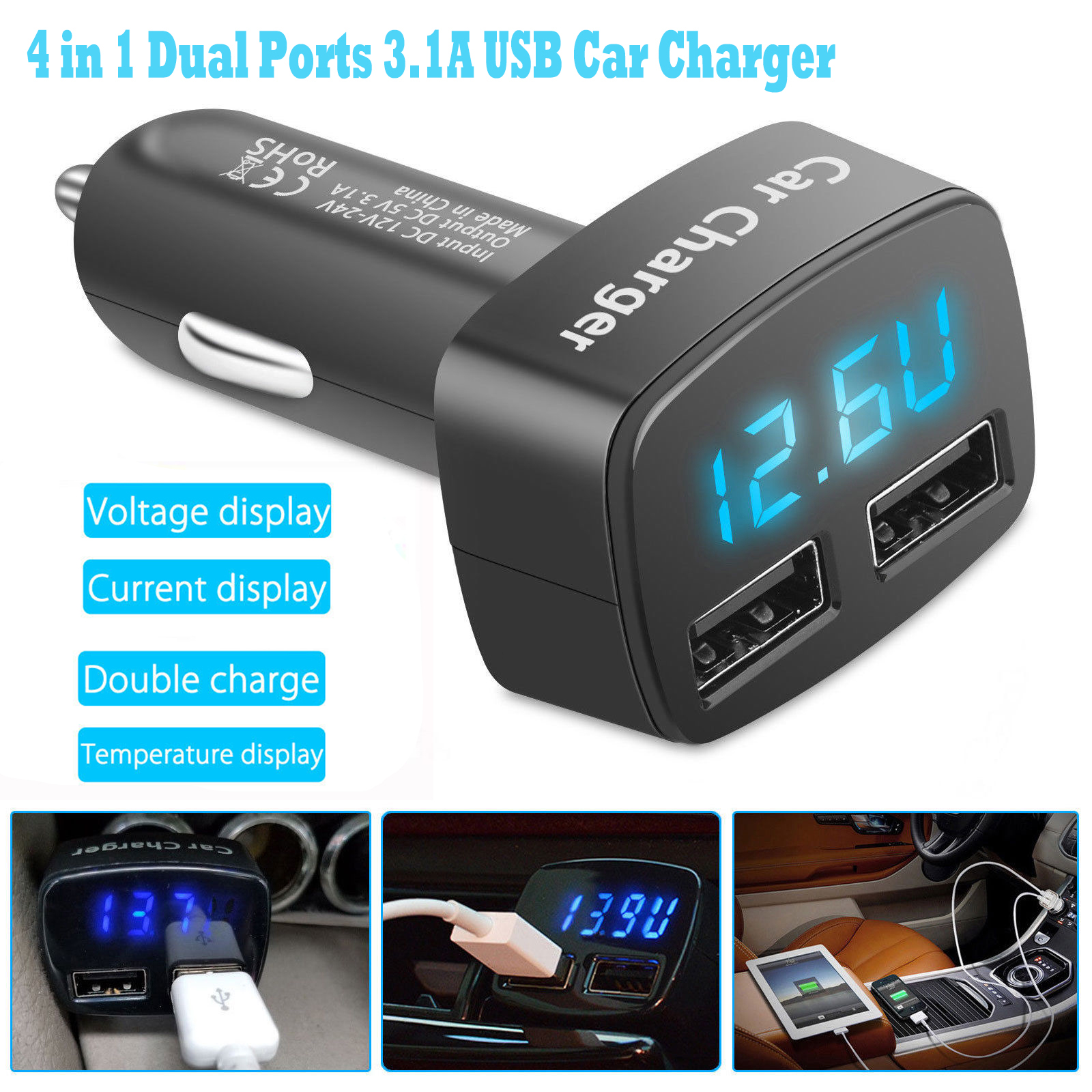 Dual Ports 3.1A USB Car Cigarette Charger Lighter Digital LED Voltmeter