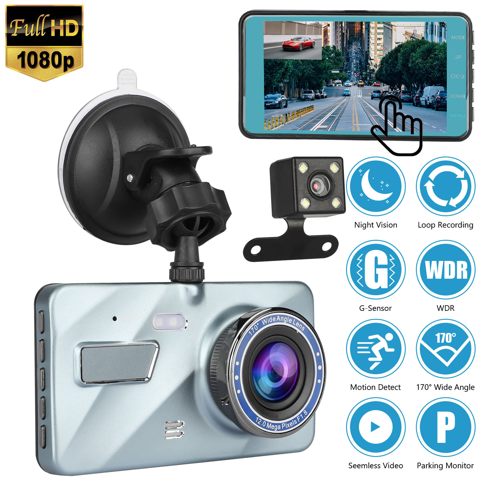 4'' HD 1080P Dual Lens Car DVR Front and Rear Camera Video Dash Cam Recorder 170 
