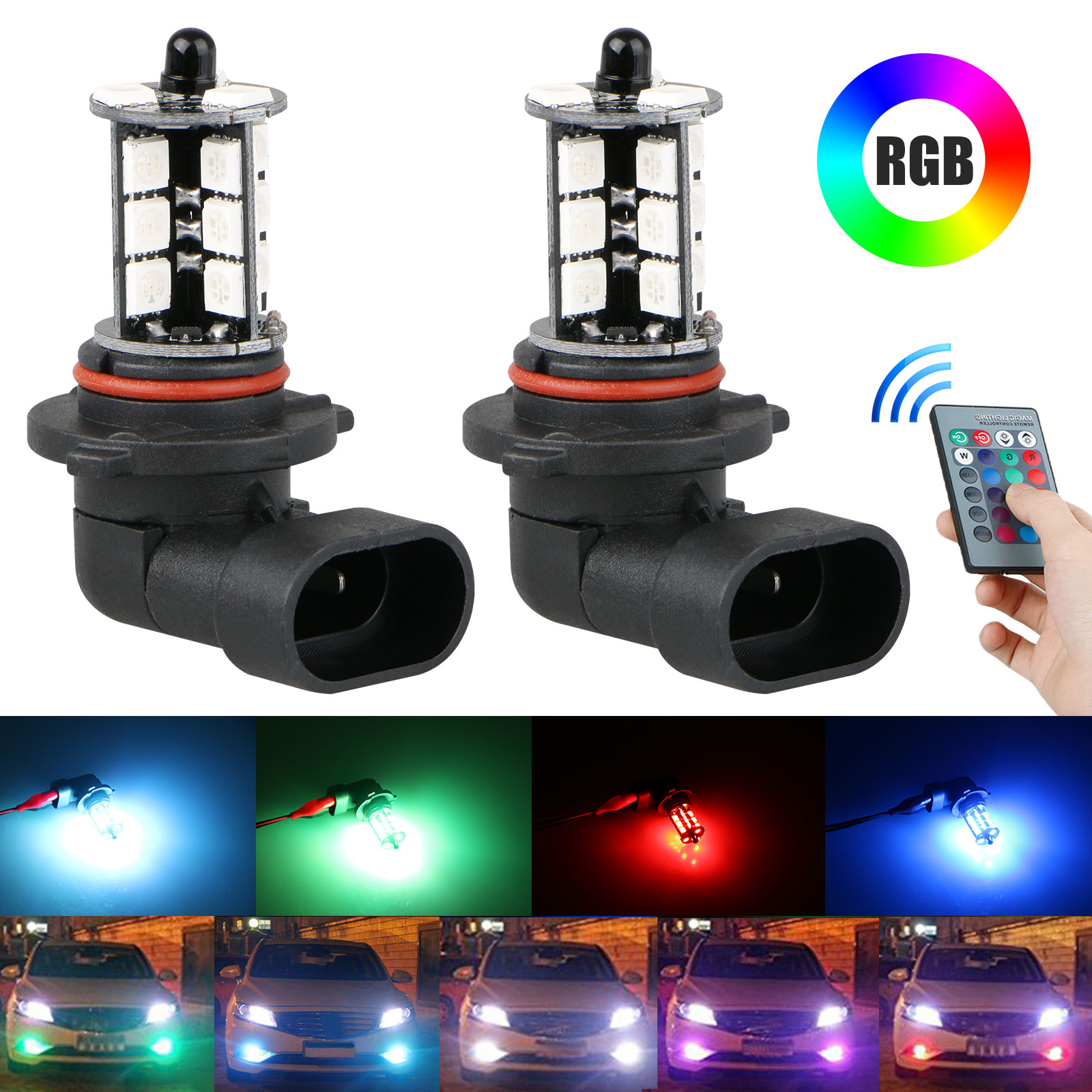 2x 9005 5050 LED 27 SMD RGB Car Headlight Fog Light Lamp Bulb Remote Control
