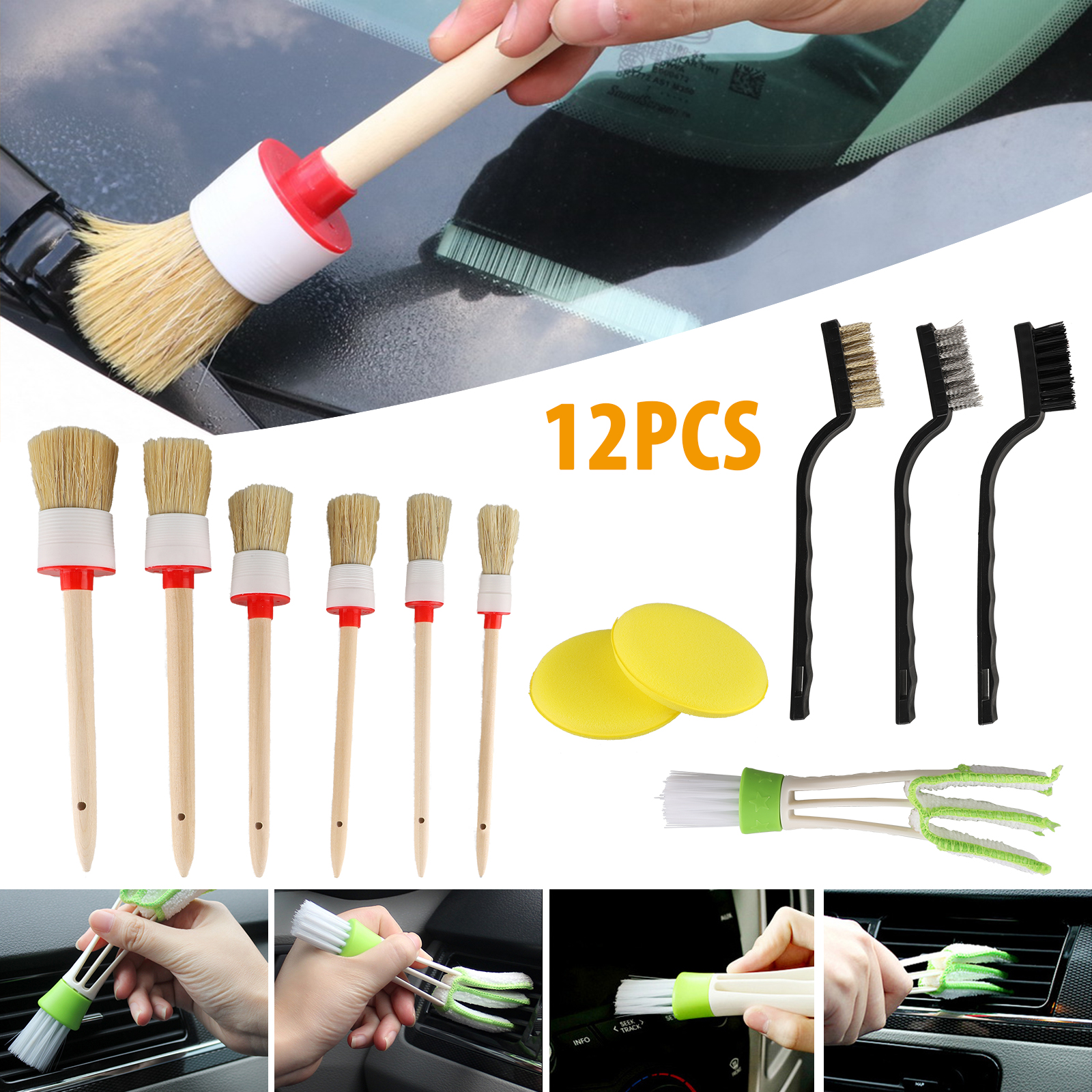 12pcs Car Detailing Brush Kit Boar Hair Vehicle / Auto Inner For Wheel