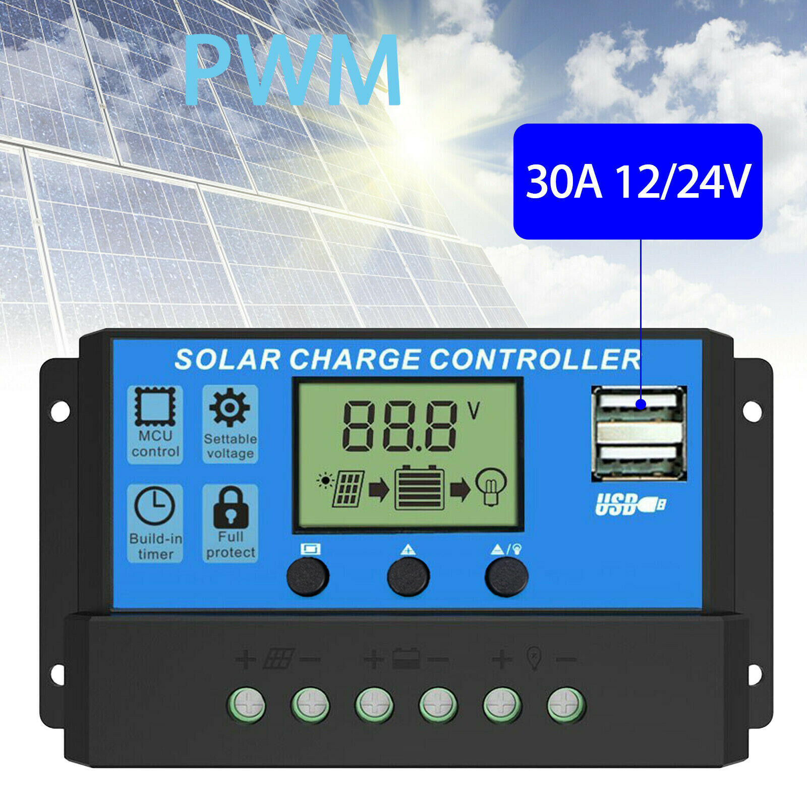 MPPT Solar Panel Regulator Charge Controller Auto Focus Tracking 30-100A 12V/24V