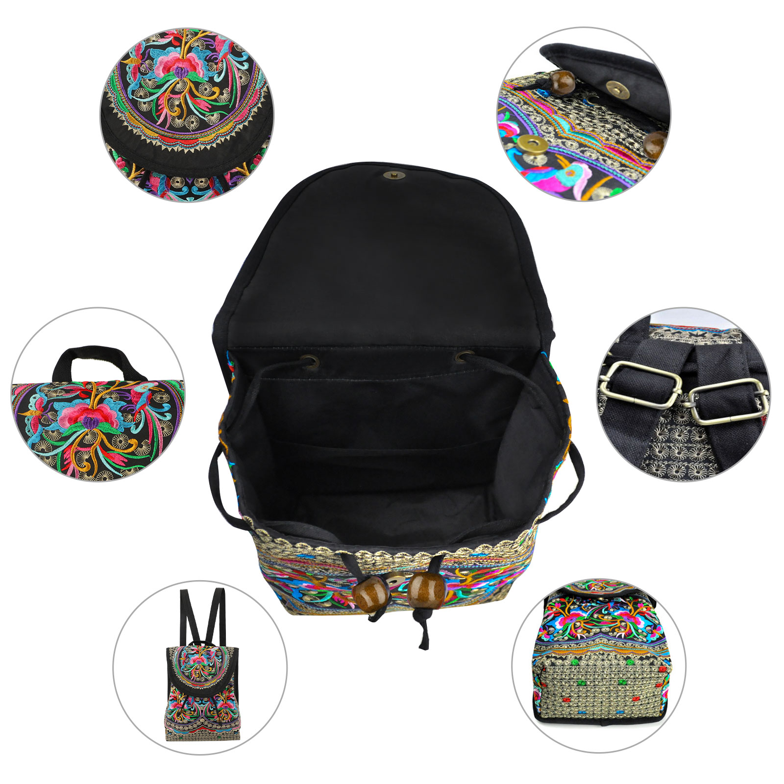 Handmade Embroidery Backpack Women Vintage Canvas Shoulder Rucksack