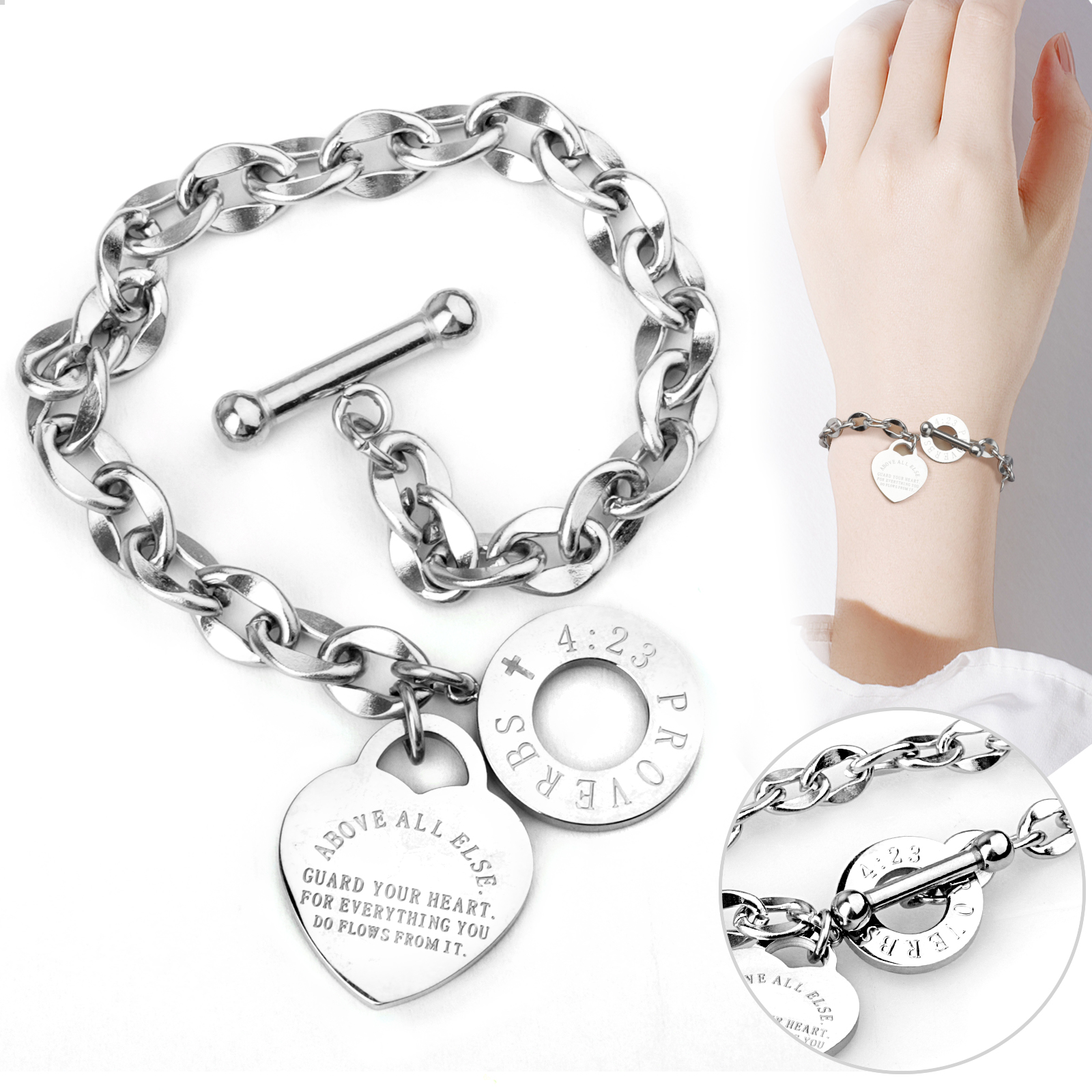Woman Girl Jewelry Birthday Festival Gift VQYSKO Silver Heart Initials Bracelet-A-Z Stainless Steel Engraved Charm Bracelet 