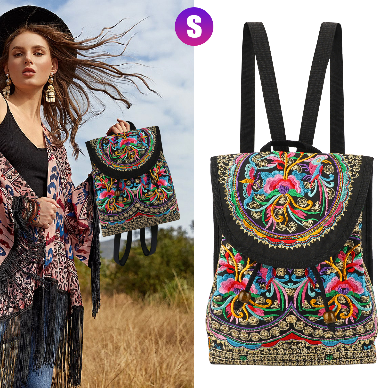 Handmade Vintage Ethnic Embroidered Flower Backpack Women Shoulder Handbags Bag