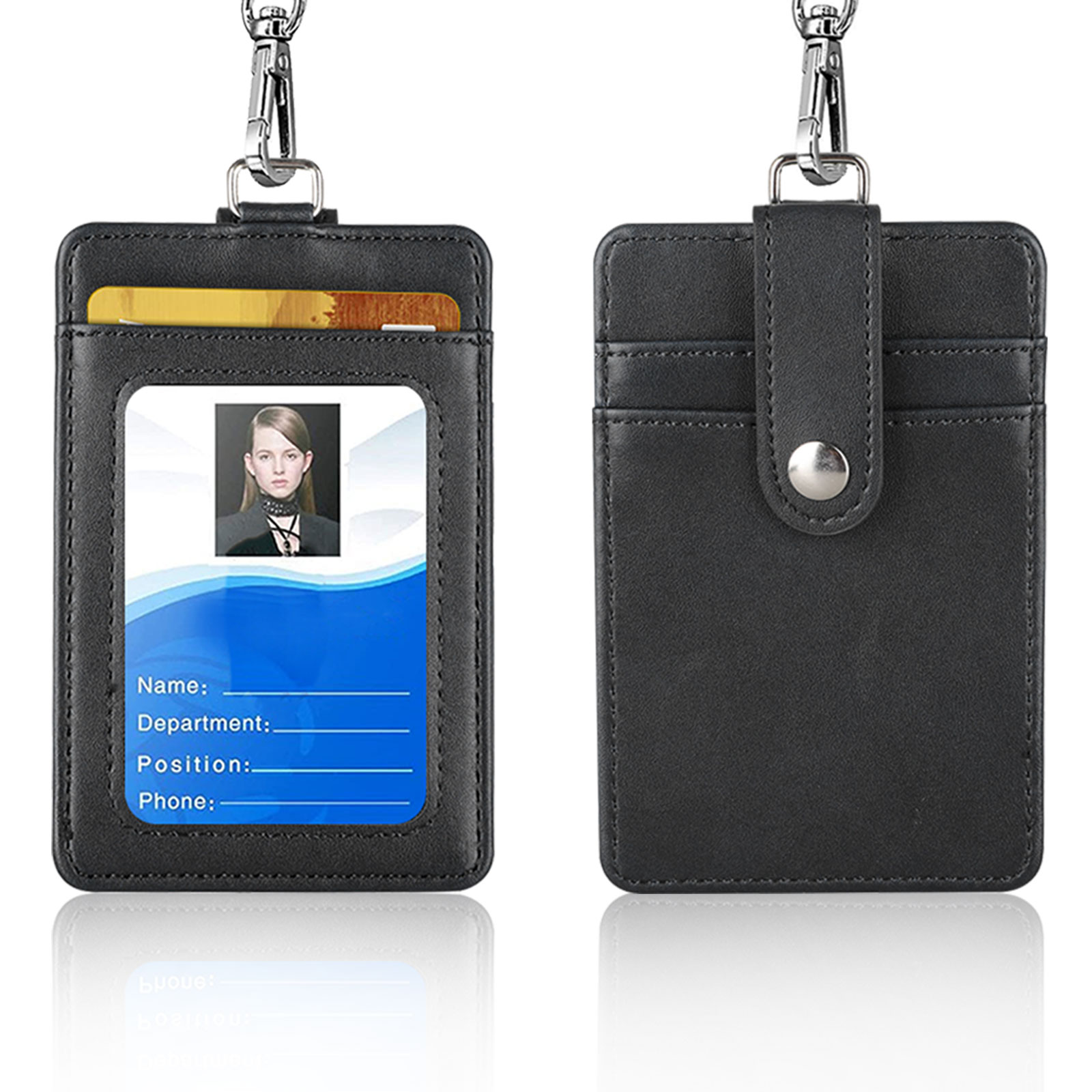 RFID Blocking ID Badge Card Holder PU Leather Vertical Neck Lanyard Bag+Pull Tab 