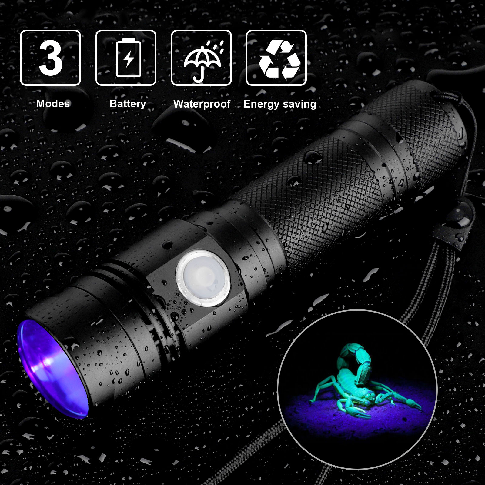 395 nm LED UV Light Blacklight USB Rechargeable Tactical Flashlight