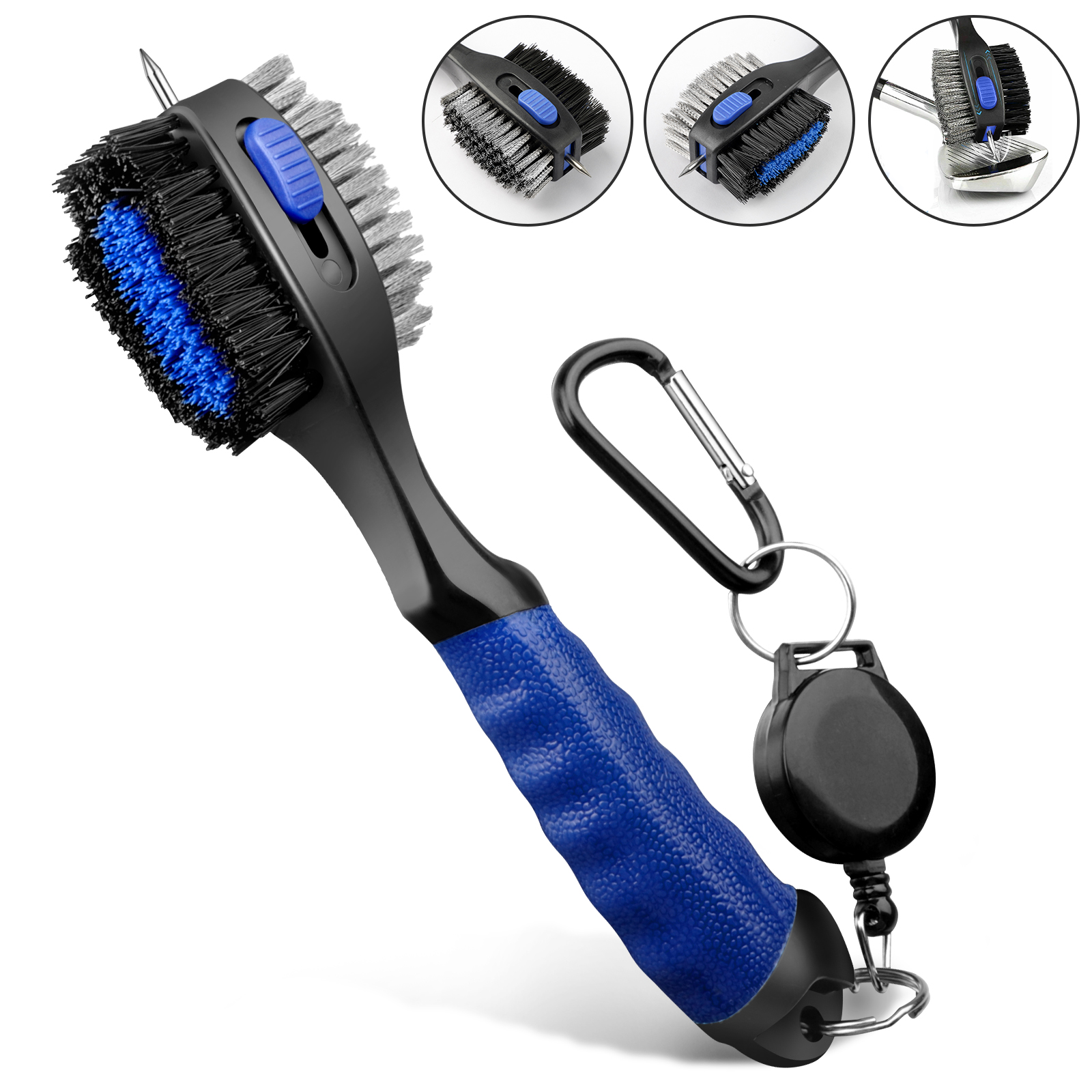 2 Sided Golf Club Brush Cleaner Retractable Groove Cleaning Tool Kit w/Carabiner