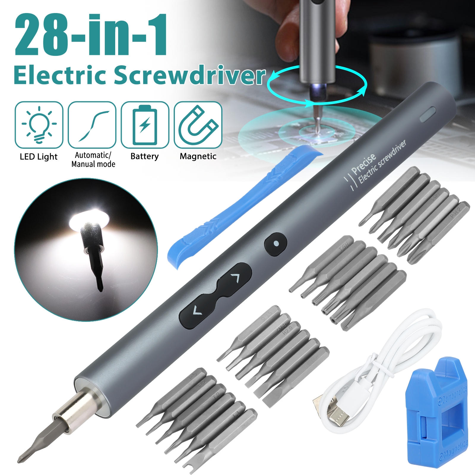 28 in 1 Cordless Electric Power Magnetic Screwdriver Repair Tool w/LED Mini Bits