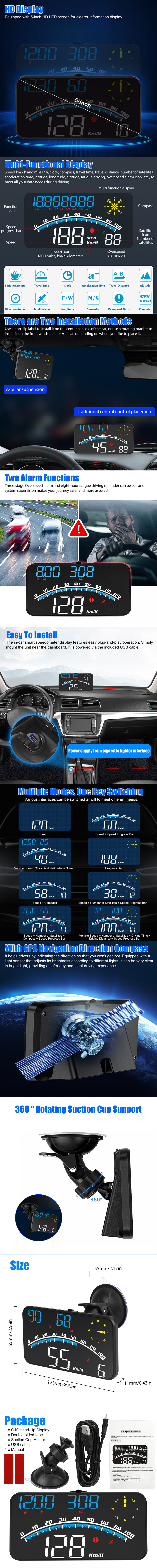 EXCLUZO Car HUD Headup Display LED Digital Speedometer Port Overspeed Alarm  Fatigue Driving Reminder with Light Sensor : : Car & Motorbike
