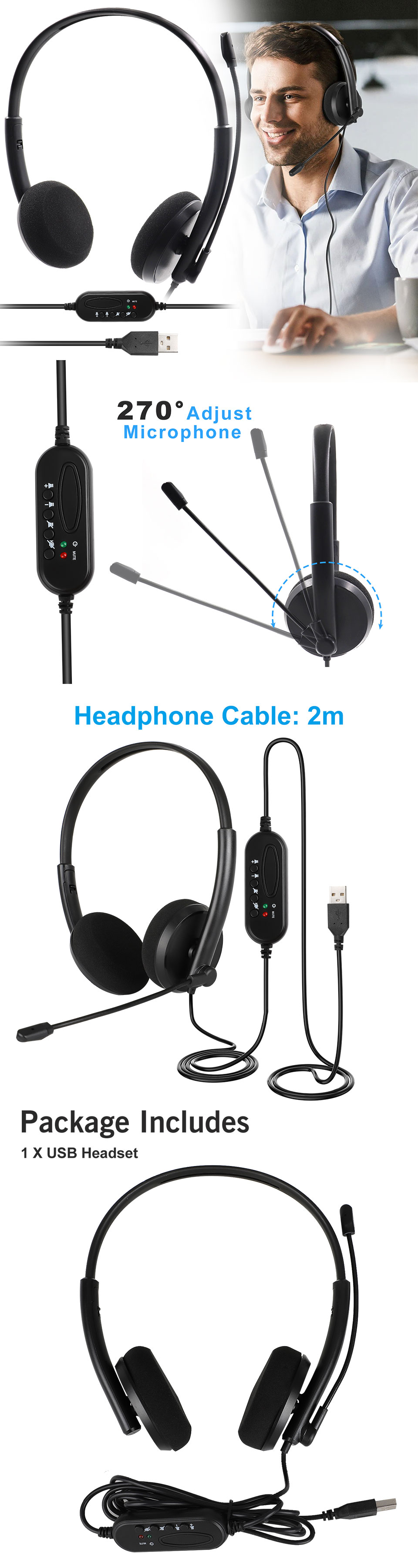 Hands Free USB Noise Cancelling Microphone Headset For Call Center Lightweight 655887904233 eBay