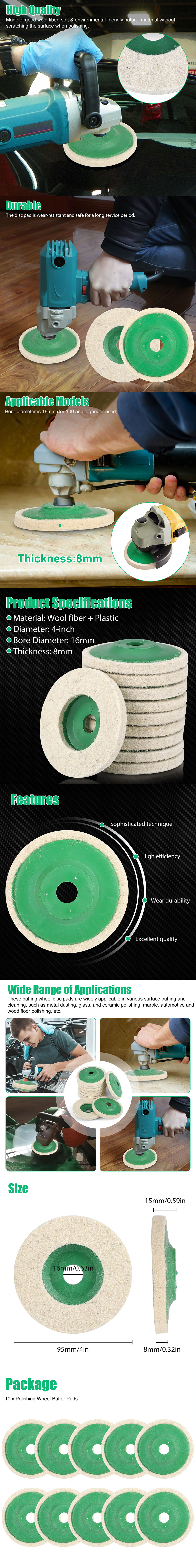 10Pcs 4 Wool Polishing Discs Finishing Wheel Buffing Pads for 100 Angle  Grinder