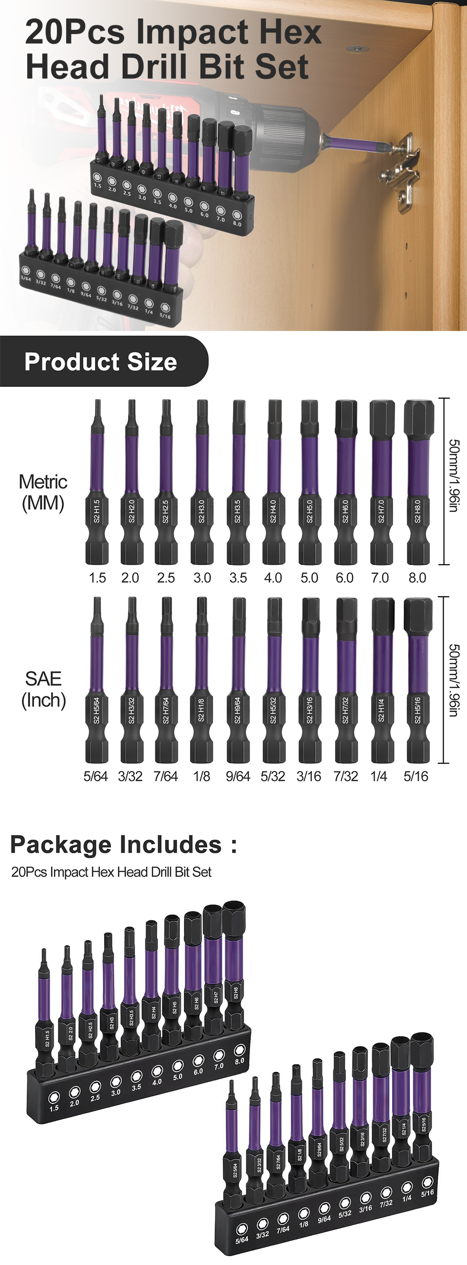 20pcs Magnetic Impact Hex Head Drill Bits Set 1/4 Inch Hex Shank