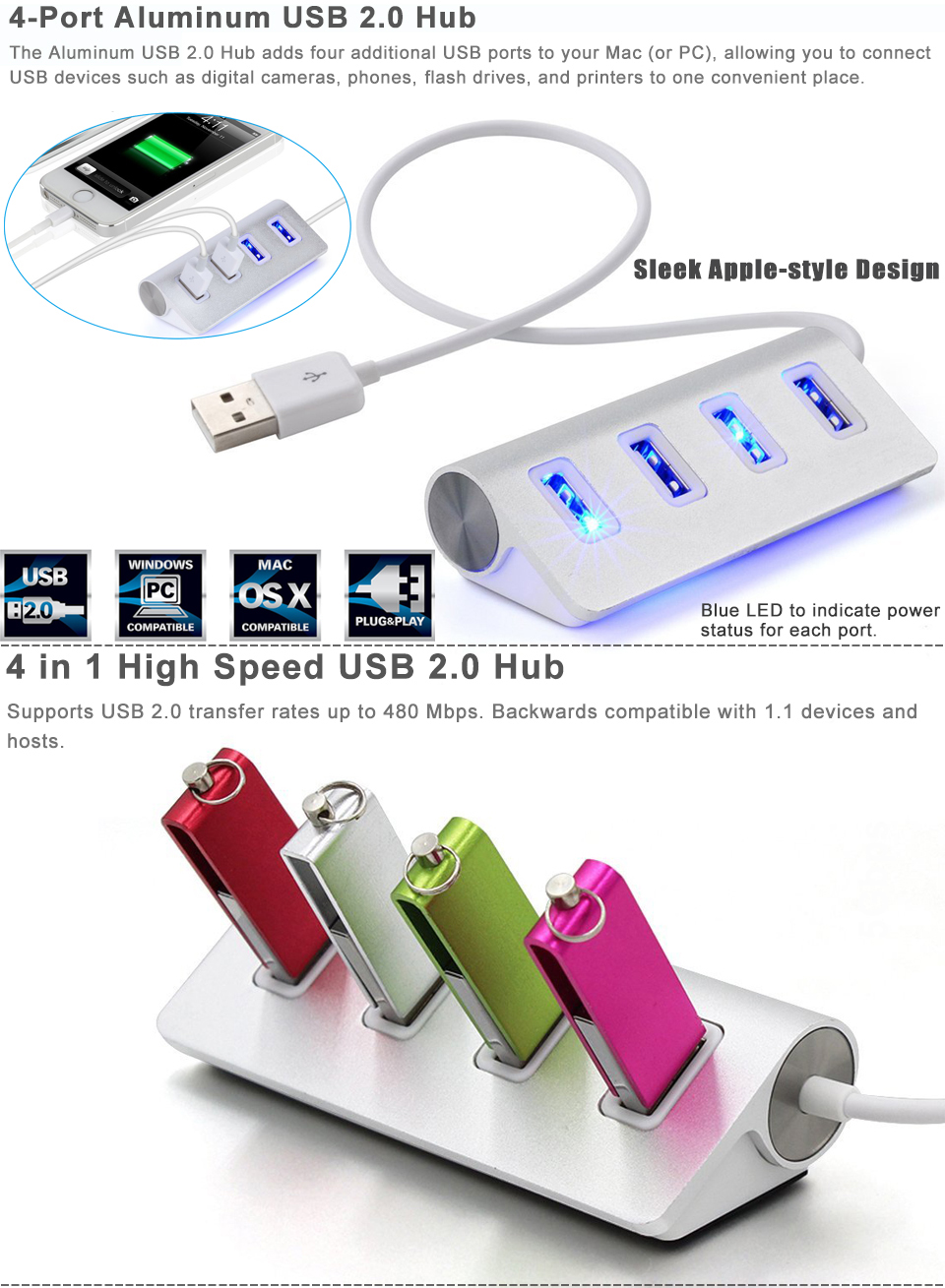 Type-C to USB2.0 4 Ports HUB Aluminum Alloy Splitter for Macbook Laptop PC Computer 