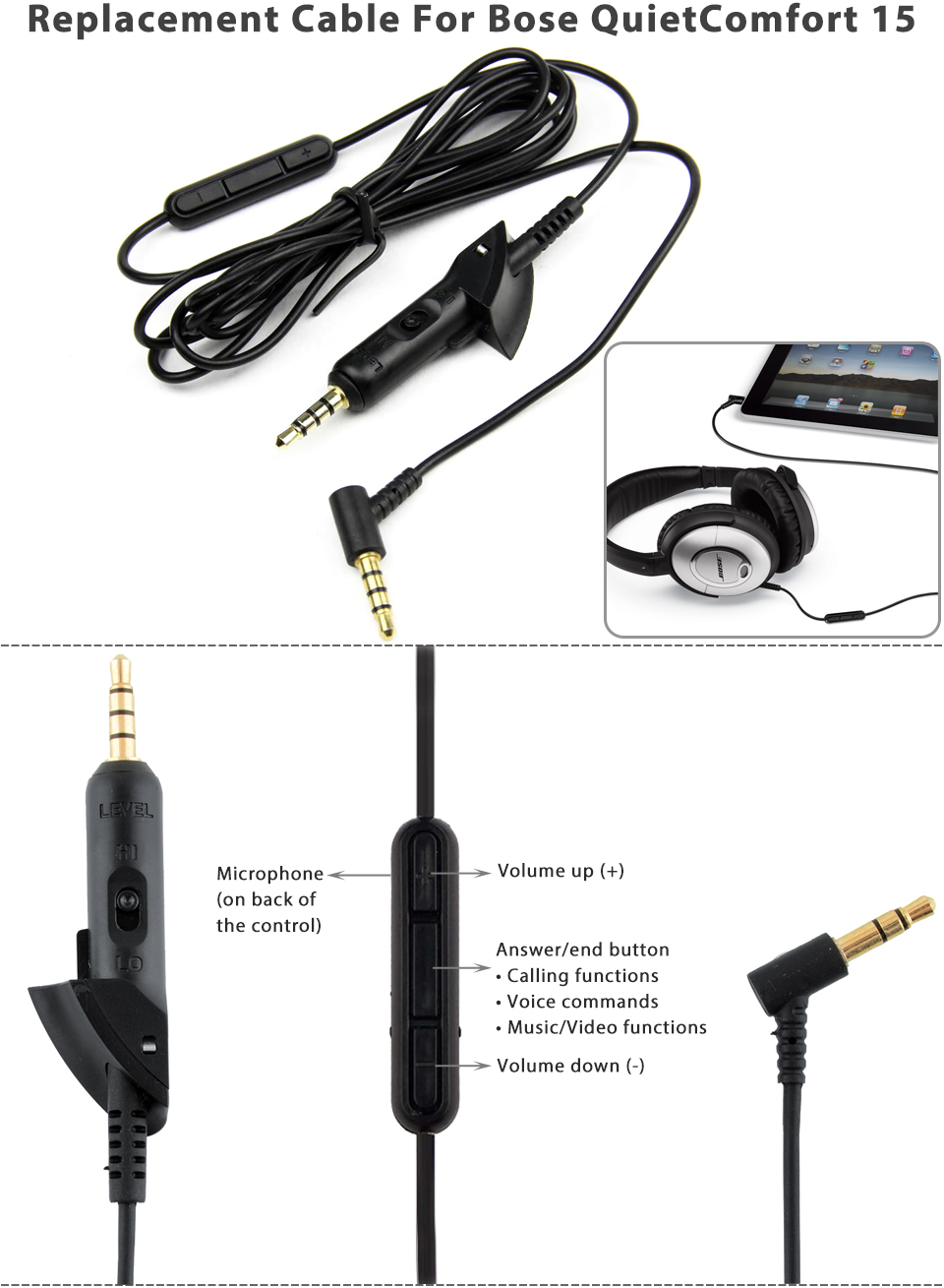 Replacement 3.5MM Mic Audio Cable Cord For BOSE 15 QC15