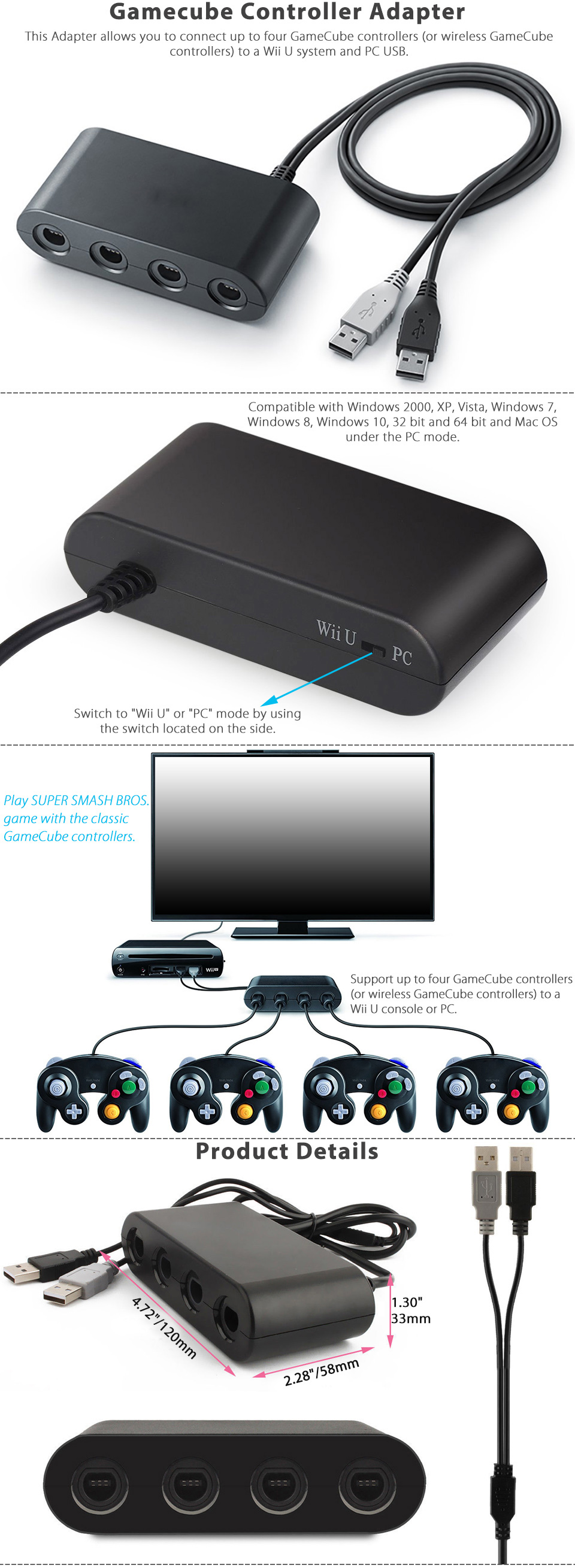 4 Port Gamecube Controller Adapter For Nintendo Wii U Super Smash Bros